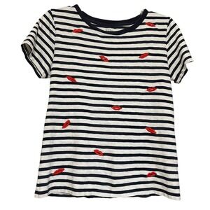 J. Crew Striped T-Shirt Red Lips Embroidered Short Sleeve Navy White Size M